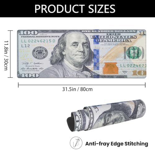 Large Mouse Pad Money 100 Dollar Bill Non-Slip Rubber Long Gaming Desk Mat Big Computer Keyboard Mousepad Waterproof Protector Wristing Pad for Gaming Office Home Decorative 31.5 X 11.8 Inch