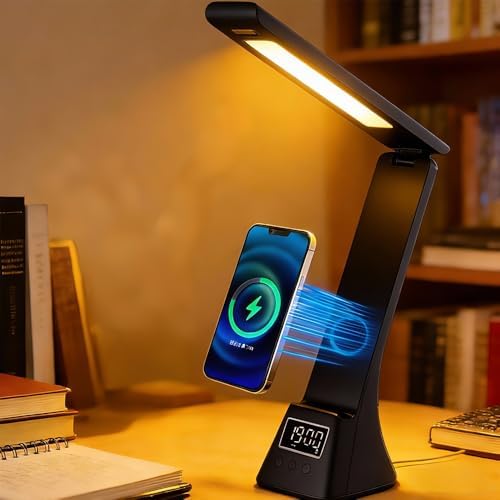 IHAO 3in1 Foldable Eye-Care Desk Lamp with 15W Wireless Charger & Digital Clock Touch Control, 3 Color Temperatures, Alarm, 180° Foldable, Phone Stand, Modern LED Table Lamp TYV-2088 Black