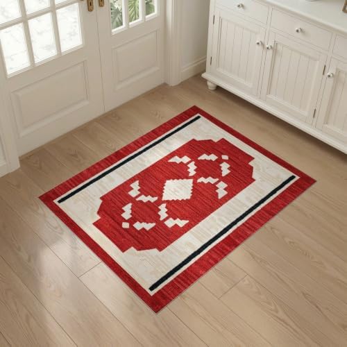 3'x5' Red Ivory Cat Crimson Boho Geometric Washable Throw Rug