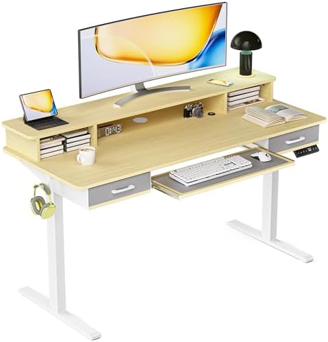 Electric Standing Desk with Keyboard Tray, 55x24 Inches Height Adjustable Stand up Desk with 2 Drawers, Ergonomic Sit to Stand Table with Storage Monitor Stand, Oak
