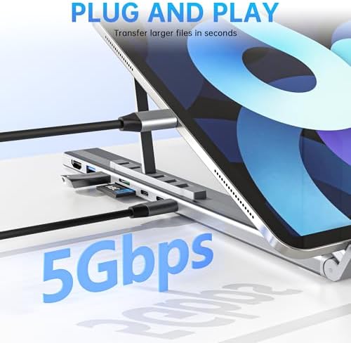 Laptop Stand with Docking Station, 8 in 1 USB C Hub HDMI Portable Laptop Stand for Desk with USB Ports, Multiport USBC Dock Stands Foldable Adjustable Computer Riser Holder Dongle for MacBook