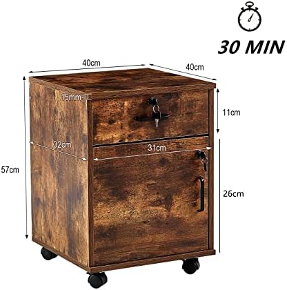 OFCASA File Cabinet with Lock, Small Rolling Filing Cabinets for Home Office, 1-Drawer Wood Under Desk File Cabinet with Wheels, Mobile Storage Organizer/Printer Stand for Letter/Legal, Rustic Brown