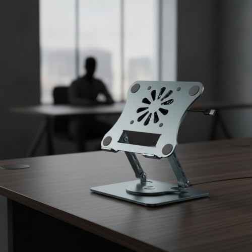 Laptop Cooling Stand Adjustable Ergonomic Riser Support with Fan and Metal Mesh Plate for Stable Desktop Tasks Suitable for Office Study Gaming Travel, Gray, Rotatable with Cooling Fan