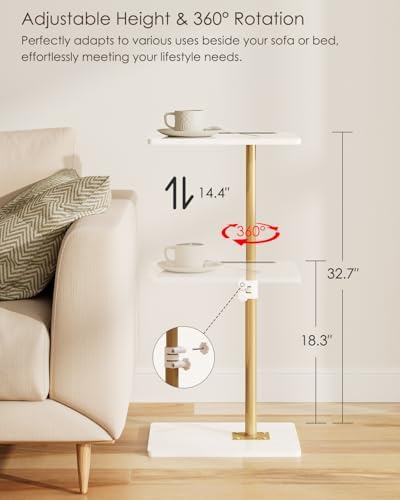 Masupu Sofa Arm Tray Table - 360° Swivel Height Adjustable End Table, Small Snack Side Table for Couch, C Shaped Table for Bed, Chair or TV Tray Table(Marble White and Gold)