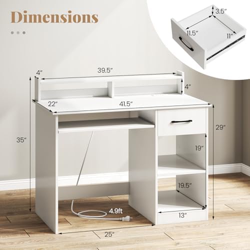 GIANTEX White Desk with Drawers, Modern Home Office Desk with Keyboard Tray, Monitor Stand & Adjustable Shelf, PC Laptop Table Computer Workstation, Study Writing Desk for Small Spaces, Bedroom