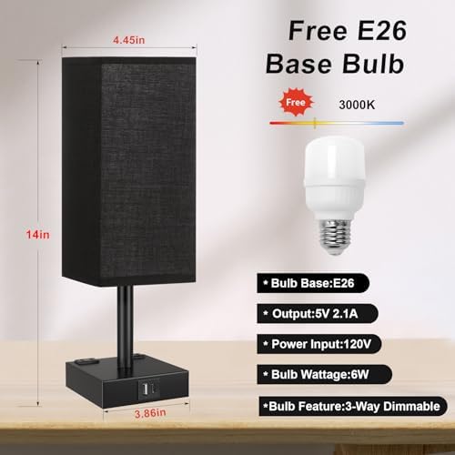 Touch Bedside Table Lamp for Nightstand - 3-Way Dimmable Night Lamp with USB A + Type C Charging Ports and Two AC Outlets, Small Desk Light with E26 LED Bulb for Bedroom Living Room Dorm Office,Black