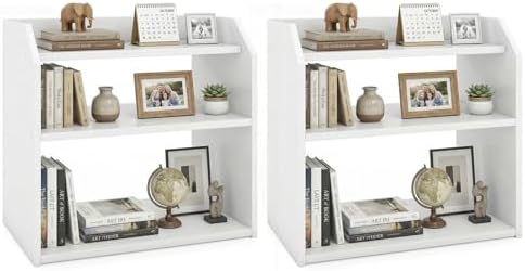 Tangkula 3-Tier Desktop Bookshelf, Wooden Countertop Bookcase with Guardrails, Space-Saving Desk Display Hutch Shelf, Modern Tabletop Storage Organizer for Study Room, Office and Dormitory (2,White)
