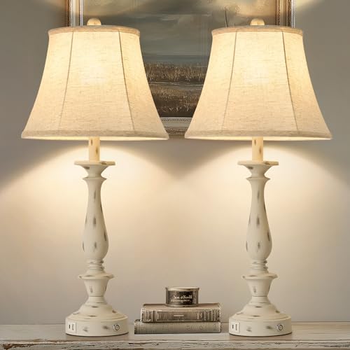 AIDENOEY 28.5" Traditional Table Lamp Set of 2, Rustic Farmhouse Table Lamps for Living Room Bedroom, Bedside Desk Lamps Vintage Nightstand Lamps with Silk Fabric Shades, Distressed White