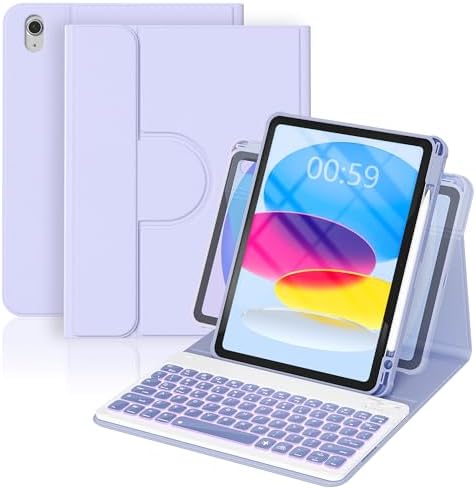 YBING Keyboard Case for iPad 10th Gen 10.9 inch(2022) & 11th Gen(A16, 2025), 7-Color Backlit Detachable Keypad & Rotatable Magnetic Case with Pencil Holder (Purple)