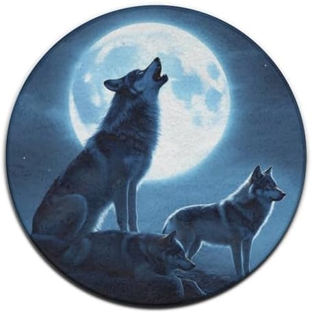 Soft Round Yoga Carpet, Office Chair Decor Round Mat for Carpet and Hardwood Floors Full Moon Howling Wolves