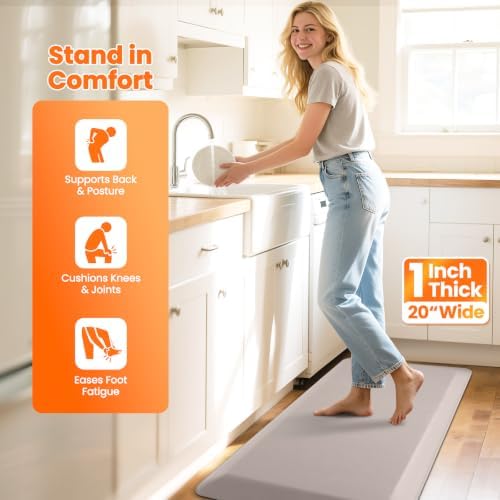 1-Inch Thick Anti-Fatigue Mat for Kitchen and Standing Desk, 20"x39", Khaki