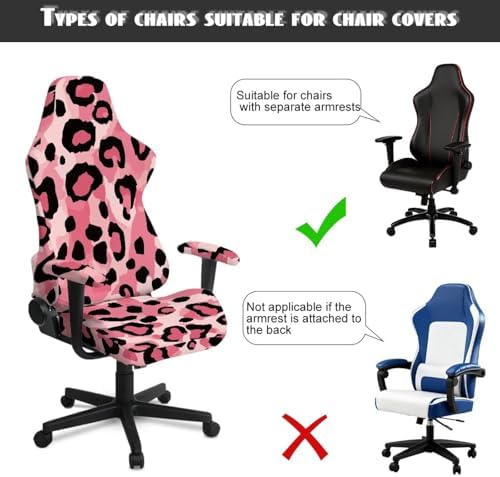 Pink Leopard Print Gaming Chair Cover with Armrest Cover Easy to Install Zipper Design Slipcover Scratch Proof Universal Swivel Desk Chair Protector Washable 4 Pieces