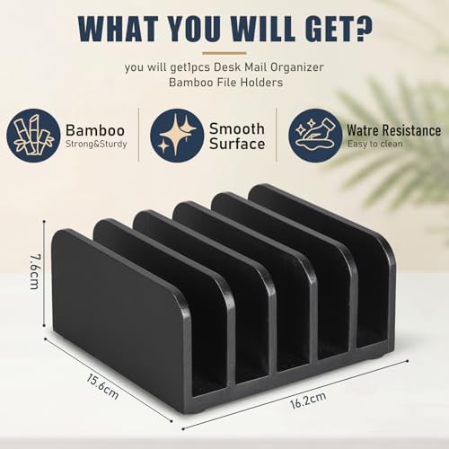 Lineshading Bamboo Letter Organizer, 5 Compartments Desk Mail Organizer, Desktop Envelope Holder and Letter Sorter, Countertop Paper File Holders with Anti Slip Mat for Home Office(Black)