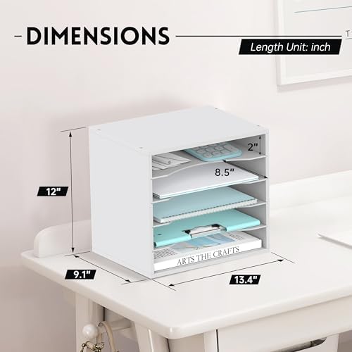 5 Tier Wood Desk Organizer, Mail Sorter and Paper Organizer for Desk, White