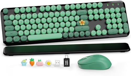Wireless Keyboard and Mouse, Round Keycap, Magnetic Wrist Rest, Green Black