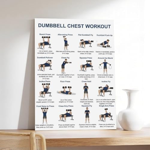Chest Dumbbell Workout Upper Body Exercise Chart for Home Gym Dumbbell Workout Fitness Canvas Poster Wall Art for Living Room Bedroom Decor Frame 20x30inch
