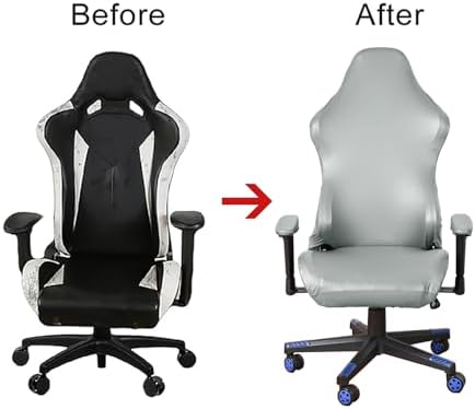 Waterproof Leather Look Gaming Chair Cover, Ergonomic Office Computer Faux PU Leather Game Chair Slipcovers, 4pcs Set Anti-Slip Stretchy Covers for Reclining Racing Gaming Chair (Light Grey)