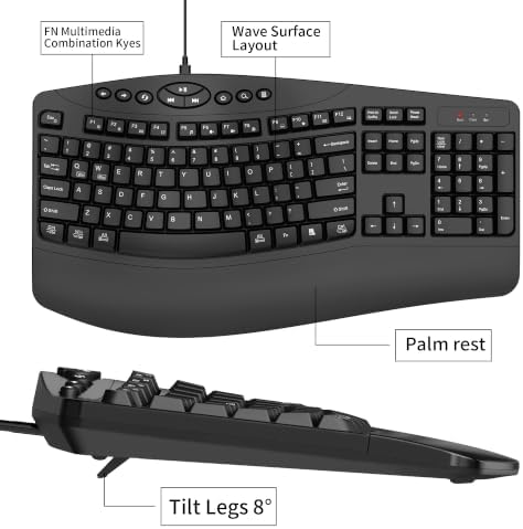 Ergonomic Wired Keyboard with Wrist Rest,9 Independent Shortcut Keys