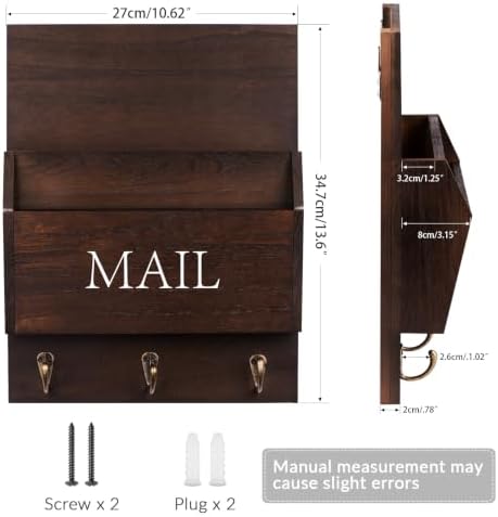 DLQuarts Solid Wood Mail Organizer with Key Holder for Wall, Mail Sorter Wall Mounted, Decorative Wooden Key and Mail Holder with 3 Hooks, Dark Walnut