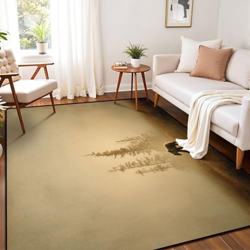 Solitary Bear Amidst Autumn Pine Trees Soft Earth Tones Area Rug Outdoor Patio Rug Play Mat Modern Floor Carpet Non-Slip Home Decor Living Room Kids Bedroom Nursery, 6x9 ft