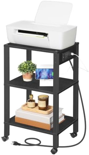 HOOBRO 3-Tier Printer Stand with Charging Station, Under Desk Printer Table, Printer Cart with Storage Shelves, Shelf for Small Spaces, for Home Office, Black BK63UPS01