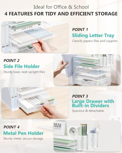 WALI Desk File Organizer, 6 Tier Desktop Paper Letter Tray Organizer with Drawer and 2 Pen Holders, Office Desk Accessories & Workspace Organizers for Office, Home Supplies(DO007DH-W), 1 Pack, White