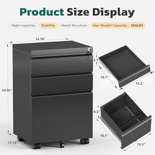 Greenvelly 3 Drawer Mobile File Cabinet with Lock, Metal Filing Cabinet on Wheels, Under Desk File Cabinet for Home Office Organizer Letter/Legal/A4 File (Unassembled, Black)