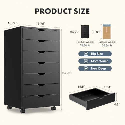 DUMOS 7 Drawer File Cabinet with Wheels, Vertical Office Storage Cabinet