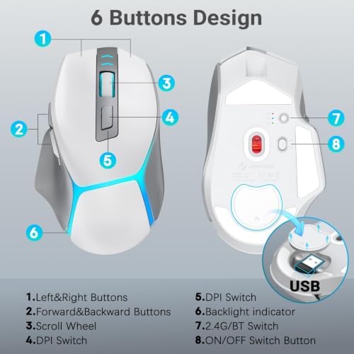 JOYACCESS Wireless Gaming Mouse, Supports Bluetooth/2.4g/Wired Connections 12500 DPI, 1000hz, Rechargeable, 20m Clicks, 6 Buttons, RGB Backlit Ergonomic Mouse for Windows/Mac Gamers (Silver-Gray)