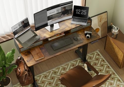 Claiks Standing Desk with Drawers & Wheels, 2 Height Shelf 55" Rustic Brown