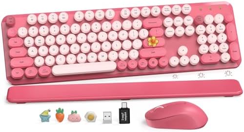 Wireless Keyboard and Mouse Combo, Round Keycaps, Magnetic Wrist Rest, Pink