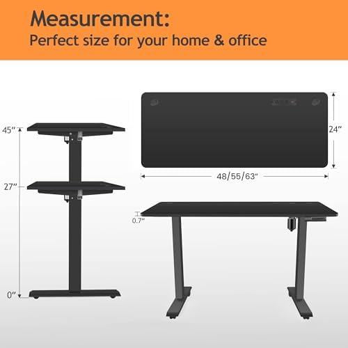 Electric Standing Desk, 55x24in Adjustable Height Computer Desk with Wheels, Sit-Stand Desk with Charging Station, 2 USB Ports, 3 Power Outlets, Spacious Workstation for Home Office(Black)