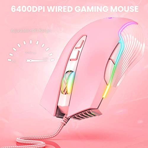 RGB Gaming Mouse Wired, 6400 DPI & 7 Buttons, Pink