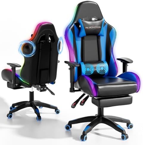 Mr IRONSTONE RGB Gaming Chair with Bluetooth Speakers, Ergonomic Gamer Chair with LED Lights, Vibration Lumbar Support, Footrest and High Back Reclining Design for Adults, Blue