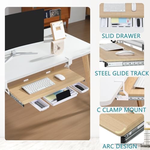 ETHU Under Desk Keyboard Tray with Metal Slide Rail, 26.8x11.8", Oak