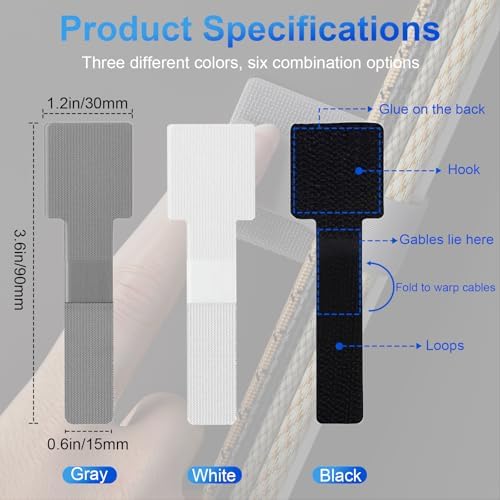 80 PCS Hook and Loop Cable Ties, Self Adhesive Cable Management Strap