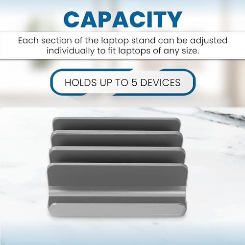 Multiple Laptop Holder Vertical – Adjustable Laptop Vertical Stand Holds 5 Devices, Fits All MacBooks Laptops Tablets and Mobiles (up to 17.3”). Closed Upright Vertical Laptop Stand for Desk