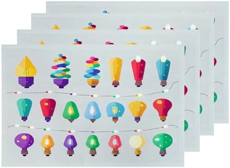 Shrahala Christmas Lights Set Set Of 4 12 X 18 Inch Linen Placemats , Colorful Holiday Lightbulb Burlap Table Mat Washable Double Layered Heat Insulation For Indoor/Outdoor