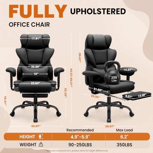 Office Desk Chair, Big and Tall Gaming Chair with Foot Rest, Ergonomic High Back Computer Chair with Soft Adjustable Armrests, Lumbar Support Pillow, Executive Leather Chair (PU, Black)