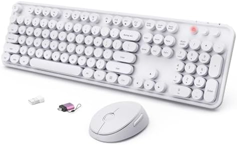 Wireless Keyboard and Mouse Combo, Ergonomic Full Size Typewriter Retro Round Keycaps Keyboard, Compatible with Windows, PC, Perfer for Home and Office Keyboards（White）