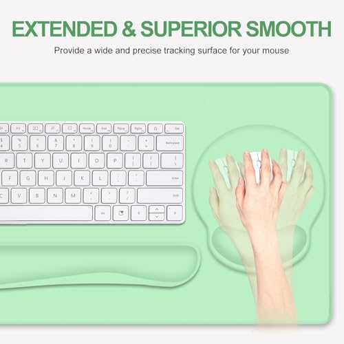 4 PCS Mouse Pad Desk Mat Protector, Keyboard Wrist Rest + Comfortable Mouse Pad with Wrist Rest +Coaster, Large Gaming Mousepad for Computer Laptop, 35.4"X 15.7" Deskpad for Office Home I Light Green