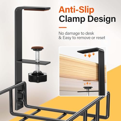 3 Pack Cable Management Under Desk Tray, 47.1" No Drill Under Desk Wire Management with Upgraded Clamp, Metal Cord Organizers with Cable Organizers, PC Cord Organization Rack, Black