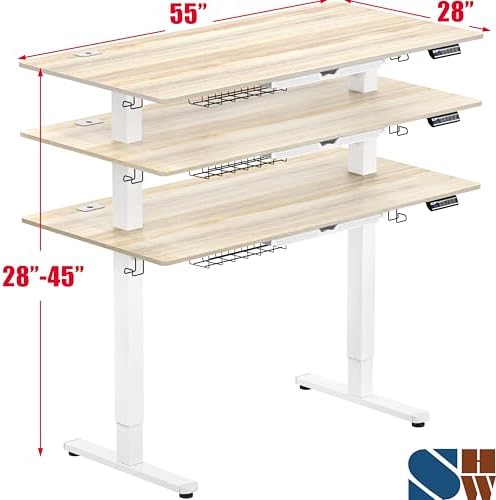 SHW 55 x 28 Electric Height Adjustable Standing Desk w/Drawer, Maple