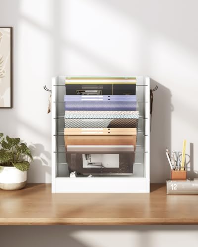 CHOEZON Wall File Holder, 6-Tier File Organizer, Office Supplies Storage Rack, Versatile Desktop Organizer, with Detachable Shelves, with Side Hooks, for Living Room, Study, Home Office, White MWJ02WB