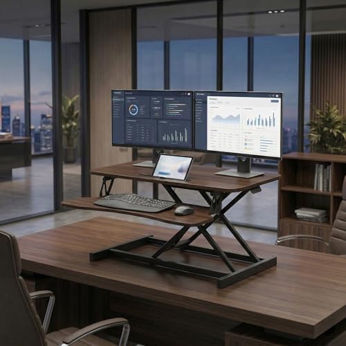 Standing Desk Converter 32" - Sit to Stand Desk Converter for Dual Monitors - Height Adjustable Desk Riser for Standing - Home Office & Corporate Use - Relieve Back Pain(Walnut)