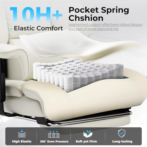 COMHOMA Big and Tall Office Chair,Heavy Duty Gaming Chair with Foot Rest and Wide Pocket Spring Cushion Reclining Height Adjustable for Home Office Work, Comfy Pu Leather Beige