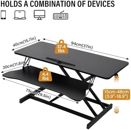 37 Inch Standing Desk Converter, Height Adjustable Desktop Standing Desk, Stand Up Riser Compatibles with 2 Computer, Stand Up Converter Laptop Workstation to 18.8" Tall, Black