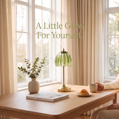 Tulip Glass Rechargeable Table Lamp, Cordless Vintage Table Light (Green)