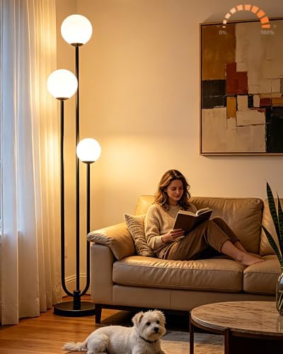 Lightdot 63IN Black Floor Lamp Dimmable with Mid Century Standing Lamps, 3000K Warm White Bulbs Included, Modern Globe Floor Lamp with 5Lbs Heavy Base for Living Room/Bedroom/Sofa Beside/Corner Decor