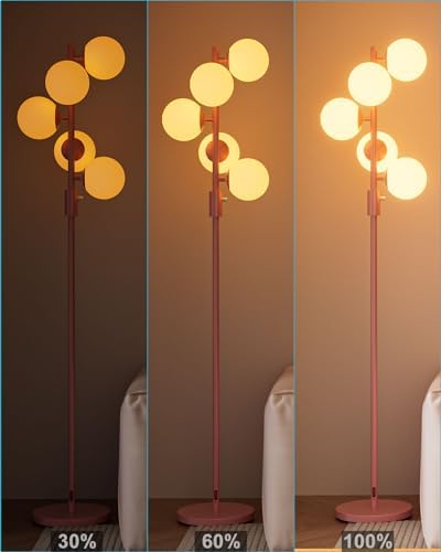 64IN Dimmable Pink Floor Lamp, Tall Standing Lamps with 5 Globe Soft Warm White Eye Care 3000K G9 Bulbs, Mid Century Modern Floor Lamp with 5Lbs Heavy Base for Living Room Bedroom Office